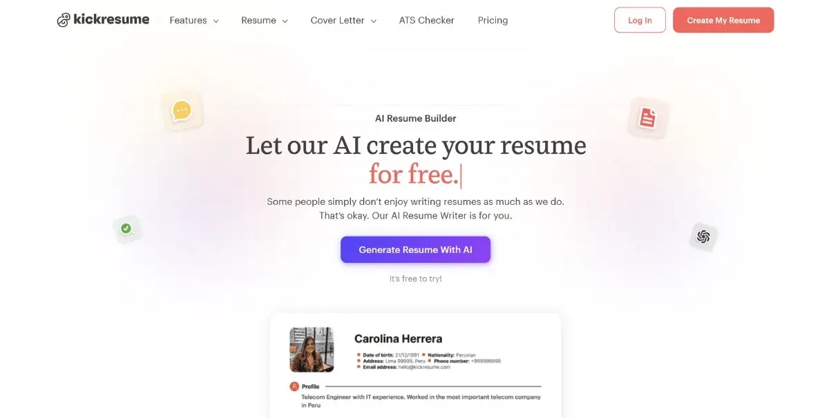 Kickresume homepage