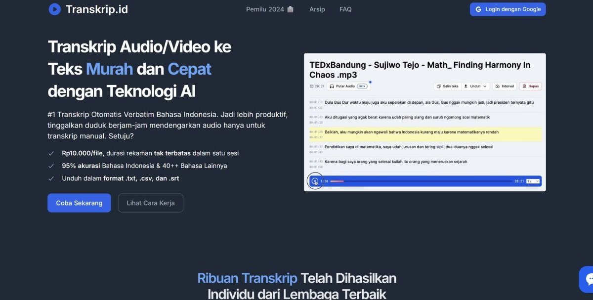 Transkrip.id Homepage