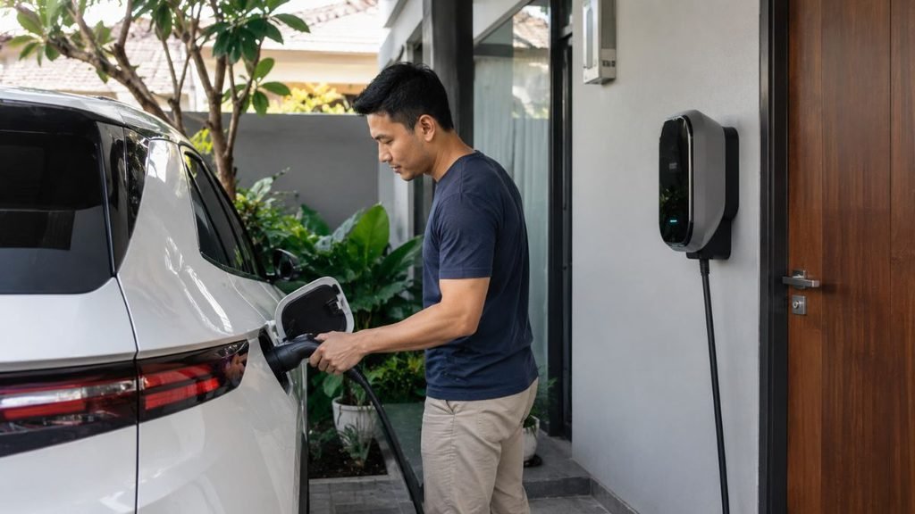 Orang menggunakan home charging untuk mobil listrik